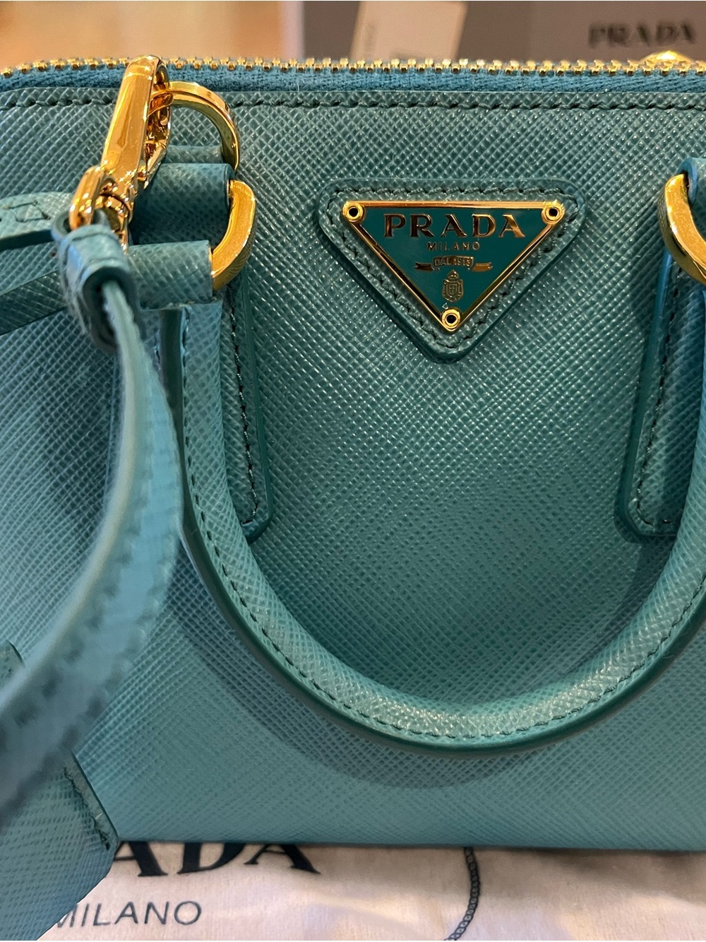 Prada Mini Saffiano Tote in Aqua Blue with Gold Hardware